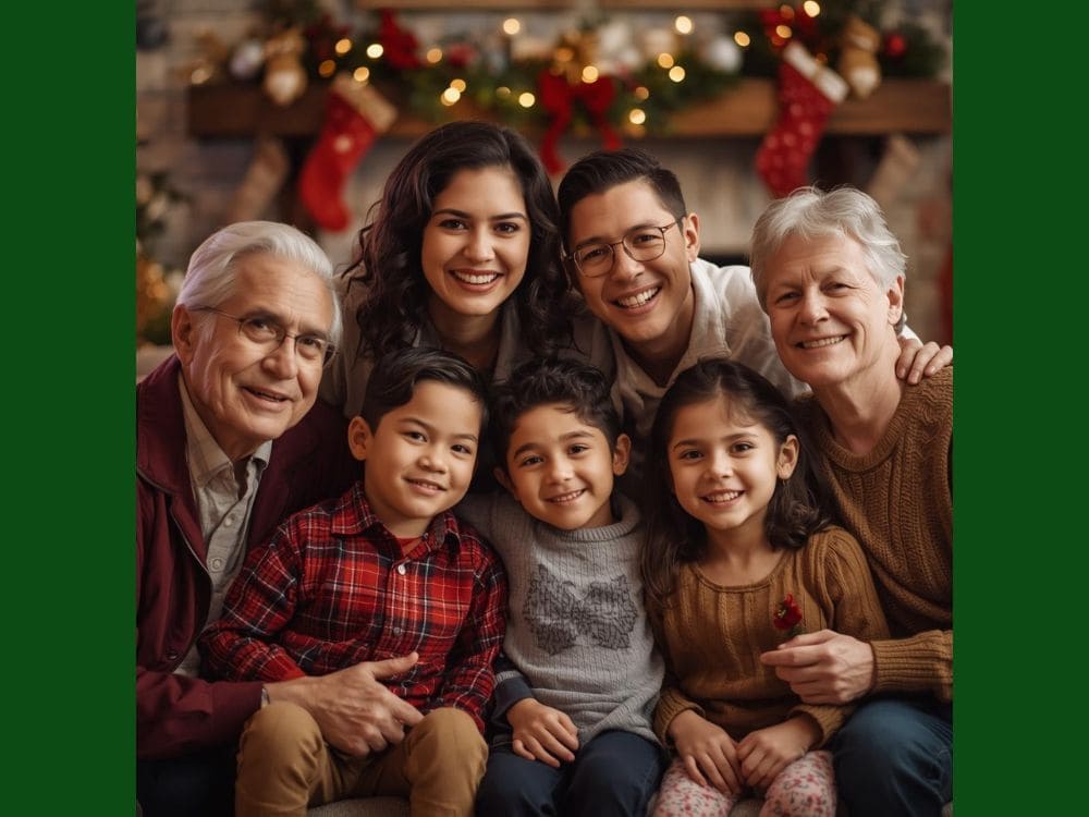 Holiday family portrait of young couple, children and granparents