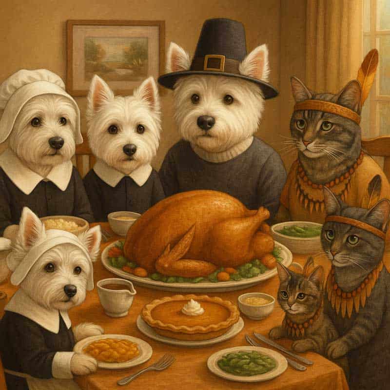 Cute animals as pilgrams and American Indians eating a thanksgiving meal.