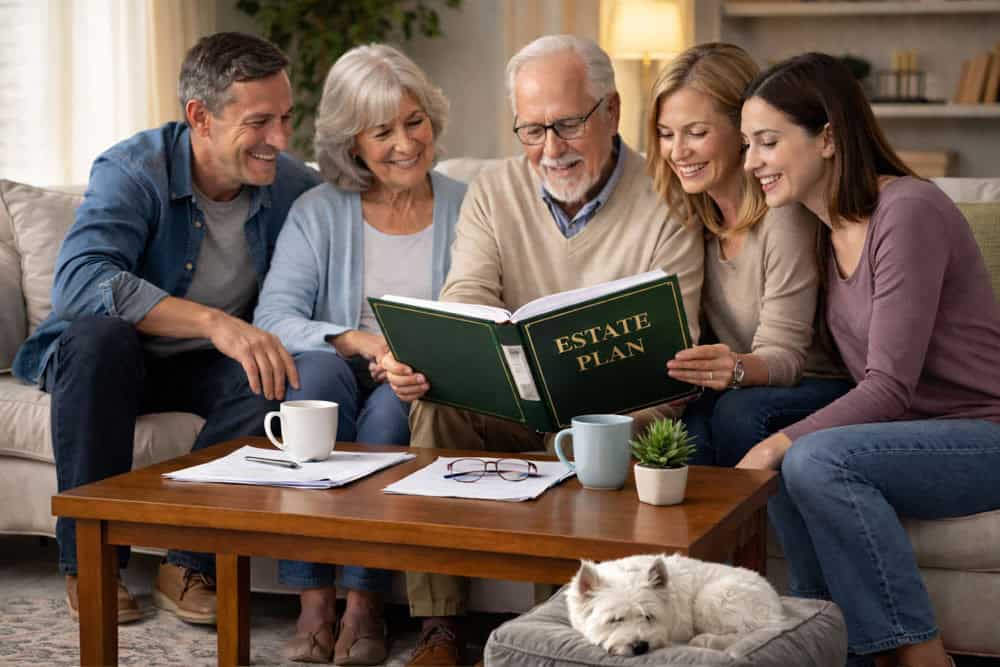 grandfather with family looking at family photo album with a dog asleep in foreground