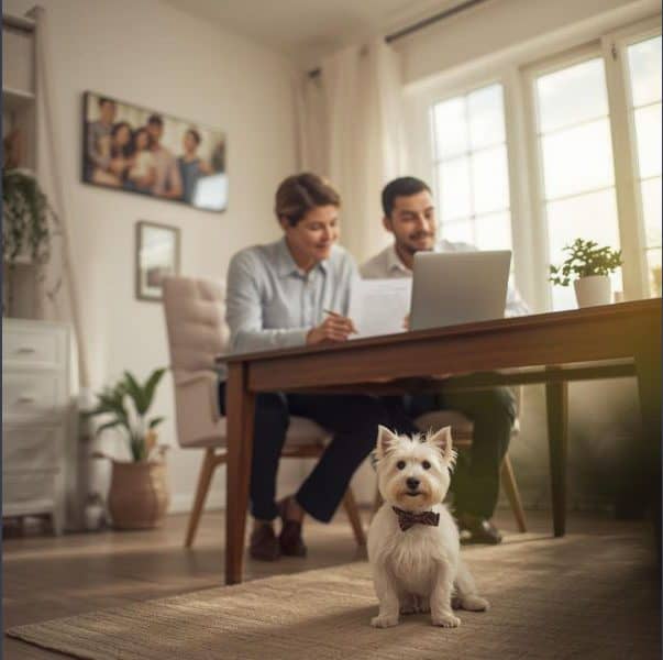 married couple working on a computer in the background. Cute white dog in foreground.
