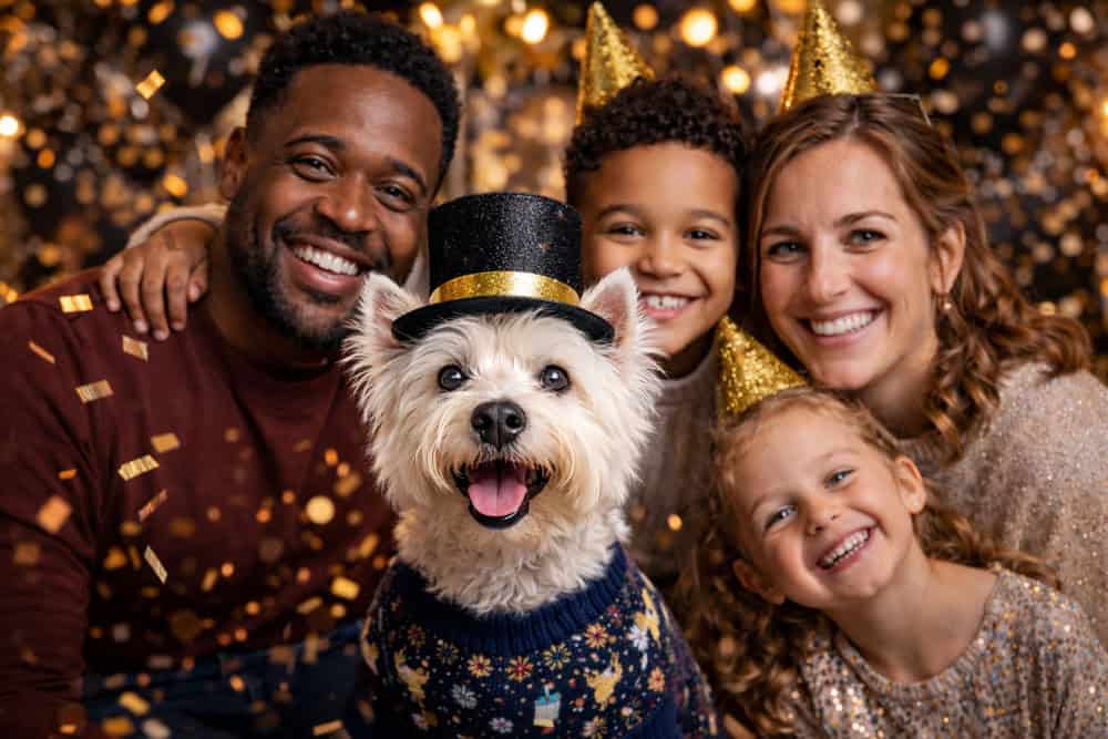 Family portrait with white fluffy dog in front of holiday lights