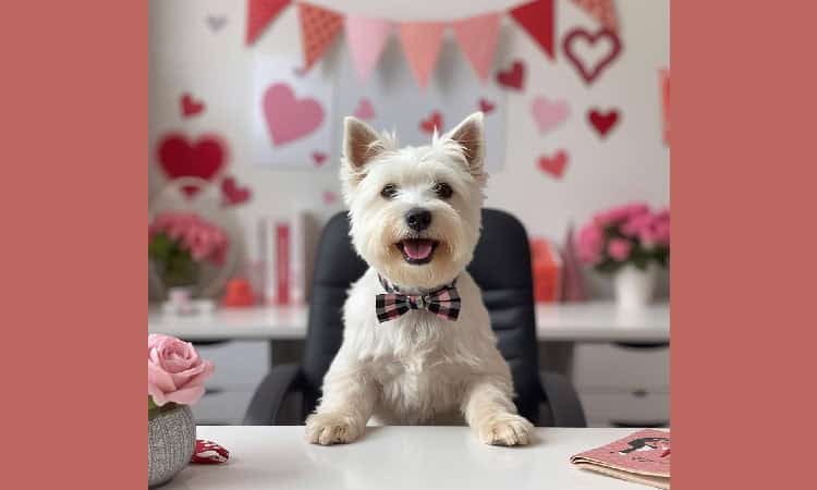 Goldberg mascot (cute white dog) at desk with valentine hearts behind him