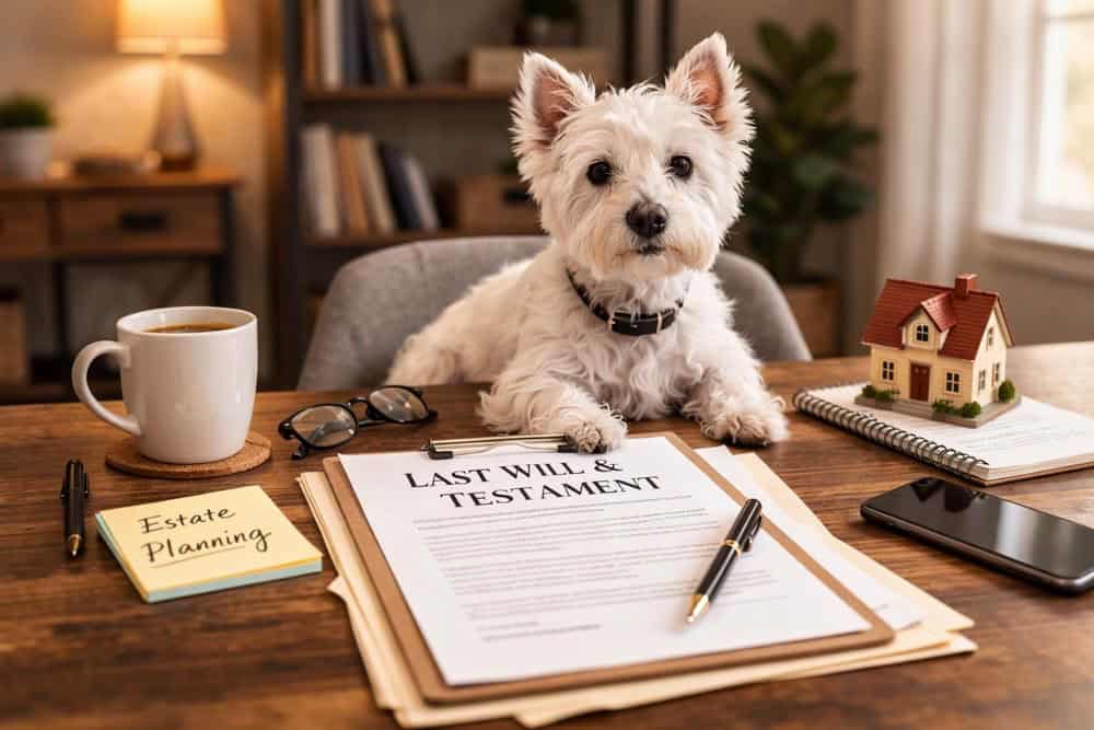 cute dog at desk with Wills and Trust document